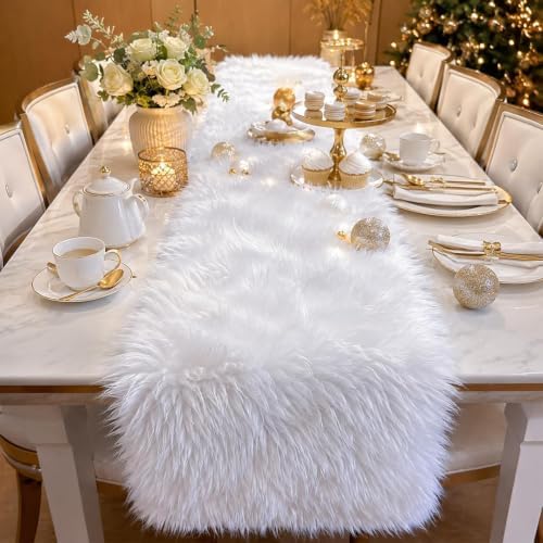 White Faux Fur Table Runner Christmas Table Decor 11.8 x 70.8 Inch by TopAufellFauxFurDecor