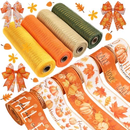 10 Pcs Fall Ribbon 4 Mesh Ribbon 6 Fall Burlap Wired Edge Ribbons by Yuefunny