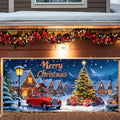 Merry Christmas Garage Door Banner 7x16FT Snowy Village Scene with Car & Tree, Holiday Garage Door Cover for Outdoor Xmas Decorations by ANNAQUEEN