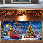 Merry Christmas Garage Door Banner 7x16FT Snowy Village Scene with Car & Tree, Holiday Garage Door Cover for Outdoor Xmas Decorations by ANNAQUEEN