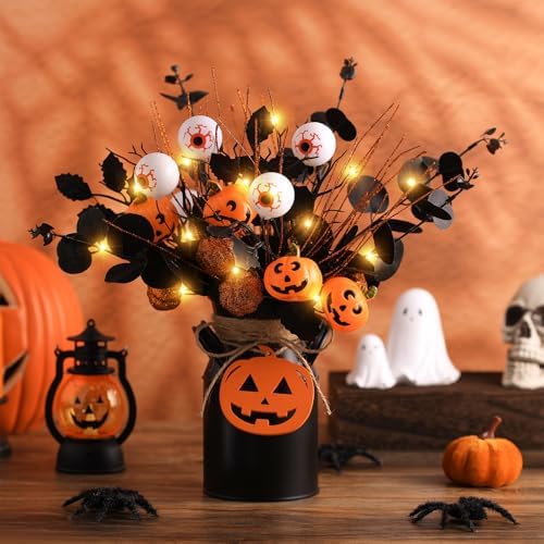 Halloween Table Deocr with 5 Pcs Artificial Pumpkin Eyeballs Eucalyptus Stems Black Iron Vase String Light and Wood Sign Halloween Centerpieces for Indoor Home Party Vase Arrangement Decorations - Image 4