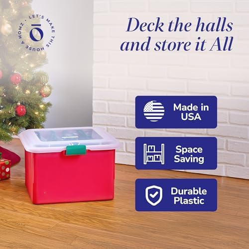 HOMZ Holiday Christmas Light Storage Bin, Plastic Container Boxes w/Cord Organizers, Red/Green - Large Stackable Organizing Containers for Seasonal Ornament and Decorations - Image 4
