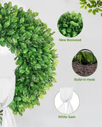 Vlorart 24 Inch Faux Round Boxwood Wreath, Weatherproof Front Door Large Wreaths Artificial Spring Summer Greenery Wreath with Sash for Farmhouse Wedding Year Round Indoor and Outdoor - Image 4