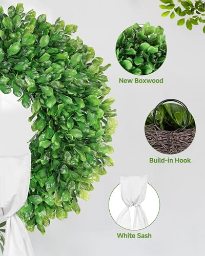 Vlorart 24 Inch Faux Round Boxwood Wreath, Weatherproof Front Door Large Wreaths Artificial Spring Summer Greenery Wreath with Sash for Farmhouse Wedding Year Round Indoor and Outdoor - Image 4