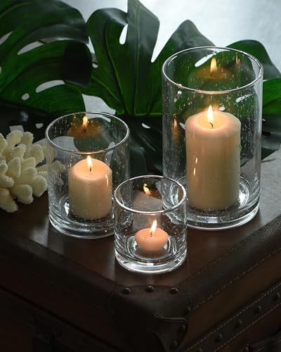 Glass Candle Holders Set 3,Clear Bubbles Cylinder 8/5/3 Inch by ARIAMOTIONLIGHTING