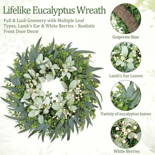 26" Eucalyptus Wreaths for Front Door with Lamb’s Ear White Berries Artificial Large Outdoor Wreath Farmhouse Home Decor Front Porch Wall Indoors Greenery Wreath for Spring Summer All Seasons - Image 4