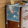Floral Embroidered Table Runner 72" Non-Slip with Tassels, Dusty Blue by keemir