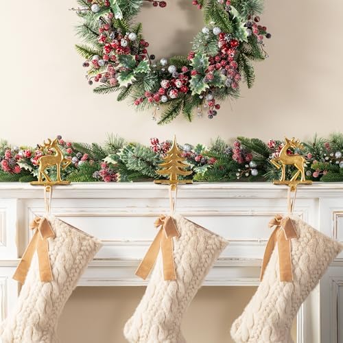 Glitzhome Polyresin Christmas Stocking Holders Set of 3 Golden Tree and Reindeer Mantel Decor with Non-Slip Metal Base for Holiday Fireplace Indoor Decoration - Image 2