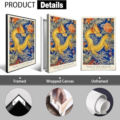 Chinese Lunar Year of the Dragon Art Print – Chinese Zodiac Wall Decor with Orange Peony & Iris Pattern Gilded Dark Blue Oriental Home Decor Poster for Bathroom Bedroom 8X12 in Wrapped Framed - Image 2