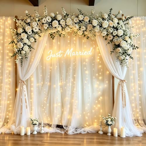 10x8ft White Backdrop Curtain with Lights String for Parites, Sheer Photo Backdrop Tulle Curtains for Wedding Baby Shower Birthday Party Photo Shoot Decorations - Image 3