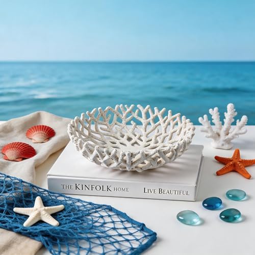 10-Inch White Resin Coral Bowl, Handcrafted Hollow Carved Coastal Art Decor - Image 2