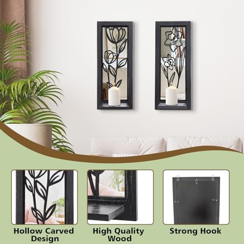 ZEXUIRU 2 Set Rustic Candle Sconces Living Room Bedroom Entryway Wood Mirrored, Farmhouse, Carved Frame Wall-Mount Wooden Candle Holders Wall Decor Hanging Handmade Holder - Black - Image 7