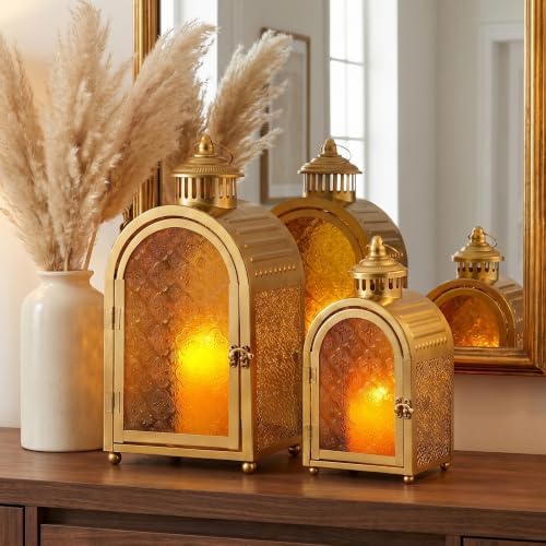 JHY DESIGN 2-Pack Vintage Metal Candle Lanterns with Embossed Amber Orange Glass 15.5'' High Hollow Carved Candle Holder, Portable Hanging Lantern for Home Patio Wedding Holiday Decor（Gold） - Image 3