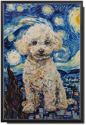 Metal Sign Vintage Tin Sign Bichon Frise Starry Night Cheer Fluffy Bichon in Night for Home Porch and Seasonal Displays Corrosion Resistant Aluminum 12×16 Inches with Metal Frame by YmyooForTinSign