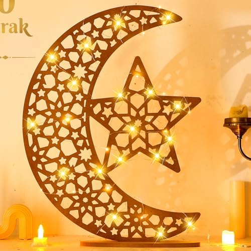 DoubleFill Eid Mubarak Ramadan Crescent Moon Star Light 27.56 x 20.67 Inches LED Wooden Ramadan Mubarak Decoration Eid Gift for Home Bedroom Floor Yard Lawn Islamic Outdoor Decor(Classic) - Image 2