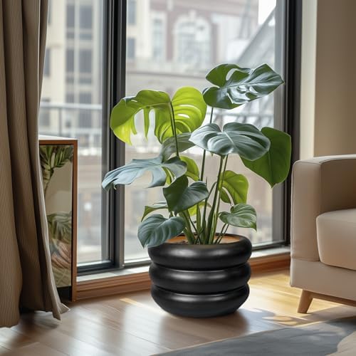 SQOWL 10 Inch Pot for Plants - Ceramic Planter for Indoor Plants Large Plant Pot with Drainage Hole Outdoor Flower Pot Decorative Round Planter for Porch House Decor Black - Image 2