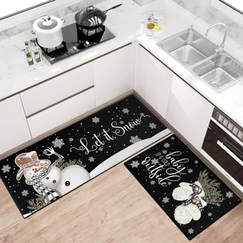 Christmas Kitchen Rugs and Mats Set of 2,Winter Snowman Let It Snow Snowflake Knitted Gloves Xmas Holiday Sink Floor Mat Non Skid Washable for Home Farmhouse Christmas Decor 17"x47"+17"x30" - Image 2