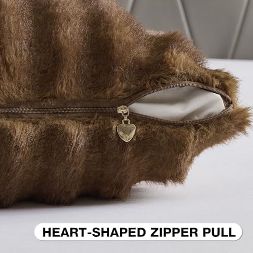 FUTEI Pack of 2 Faux Mink Fur Throw Pillow Covers 24x24 Inch, Brown - Image 3