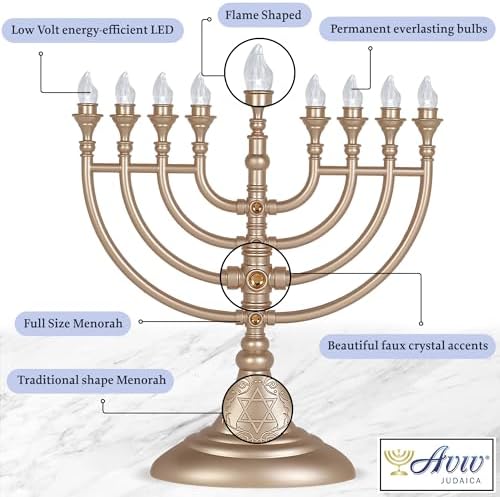 Traditional LED Electric Hanukkah Menorah - Battery or USB Powered, Includes Micro USB Cable (Matte Gold, 6) - Image 2
