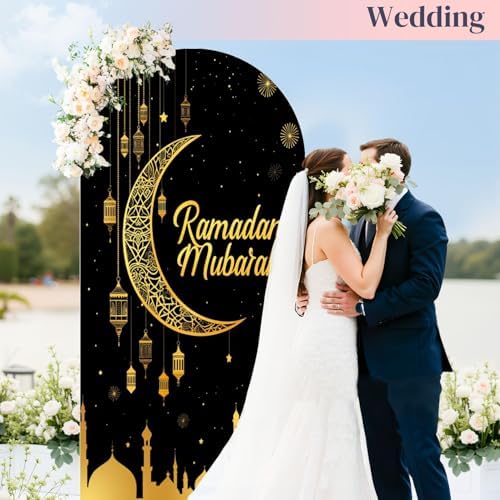 6.6FT Arch Backdrop Cover Ramadan Mubarak Photography Black Crescent Moon Star Lanterns Wedding Arch Cover Spandex Fitted Stretchy Backdrop Stand Covers for Birthday Party Wedding Decoration - Image 5