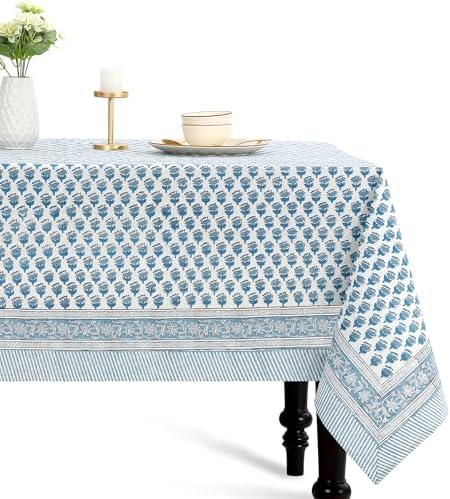 CPC Apatite Blue Floral Hand Block Printed 100% Cotton Tablecloth 60x108 Rectangular Reusable and Washable Boho Dining Table Cloth Thanksgiving by COTTONPRINTCLUB