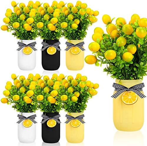 Lyrow 6 Pack Mason Jar Table Centerpiece Faux Christmas Berry Sunflower Lemon and Bell Kitchen Spring Summer Winter Farmhouse Decoration for Home Kitchen Tiered Tray Decoration(Lemon Style) by Lyrow