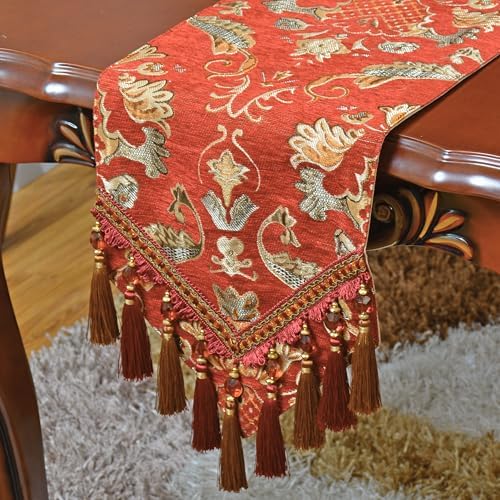 Extra Luxury Velvet Red Table Runner 120 Inches Long with Vintage Damask Jacquard Design for Dining Room,Living Room,Home Decor,Elegant Beaded Tapestry (X-Red, 13×120 inch) - Image 5