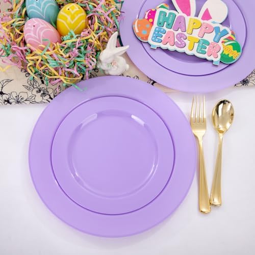 FLOWERCAT 60PCS Purple Plates - Heavy Duty Purple Plastic Plates Disposable for Easter Party/Wedding - Include 30PCS 10.25" Dinner Plates and 30PCS 7.5" Dessert Plates - Image 5