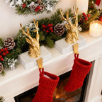 Fonder Mols Reindeer Christmas Stocking Holders for Mantle Set of 2, Deer Xmas Fireplace Hanger Hooks Metal Grips Clips Mantel Hooks (Gold) - Image 2