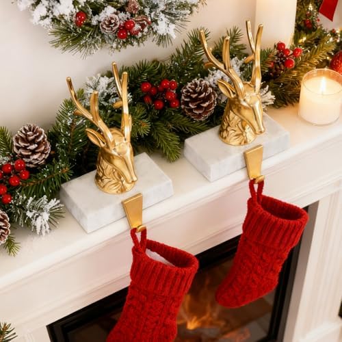 Fonder Mols Reindeer Christmas Stocking Holders for Mantle Set of 2, Deer Xmas Fireplace Hanger Hooks Metal Grips Clips Mantel Hooks (Gold) - Image 2