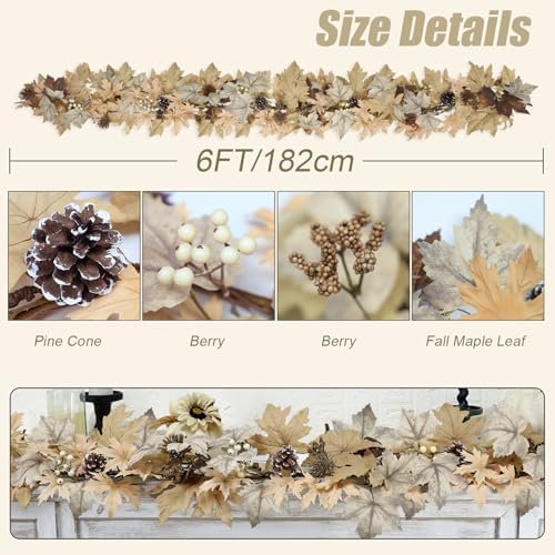 Realistic Fall Garland with Lights, 6 FT Real Touch Feel Leaves Garland with Berries Pine Cones, Fall Decorations for Home Thanksgiving Halloween Decorations Indoor Farmhouse Porch Fireplace - Image 3