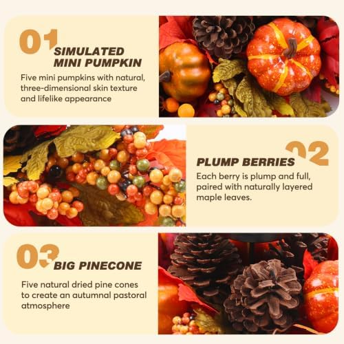 Fall Harvest Centerpiece with 3 Candle Holders, Maple & Pumpkin - Image 3