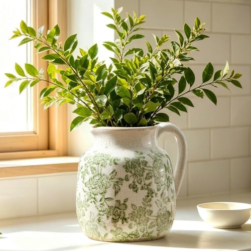 Ceramic Vintage Flower Vase, Utensil Holder, Green and White Decorative Vase Chinoiserie Decor Rustic Farmhouse Retro Floral Vases for Table Bookshelf Mantel Kitchen Living Room - 6.7” Green 016 - Image 6