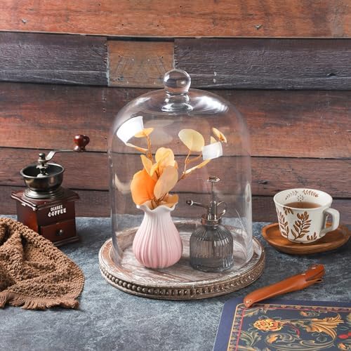 14" Large Handmade Sturdy Glass Cloche With Brown Beaded Wooden Base In Farmhouse & Cottage Style, For Terrarium, Trinkets, Cakes, Figurines (Brown, 10"x14") - Image 3