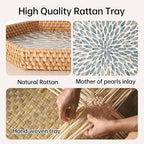 Hexagon Rattan Tray with Mother of Pearl Inlay, Rattan Serving Tray for Coffee, Bread, Fruits, Snacks, Decorative Wicker Tray for Table Decor, Home Decor (Light Blue Leaves, 14.5"×12.8") - Image 6