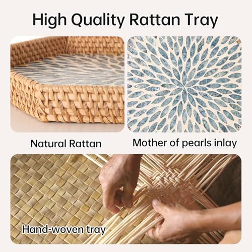 Hexagon Rattan Tray with Mother of Pearl Inlay, Rattan Serving Tray for Coffee, Bread, Fruits, Snacks, Decorative Wicker Tray for Table Decor, Home Decor (Light Blue Leaves, 14.5"×12.8") - Image 6