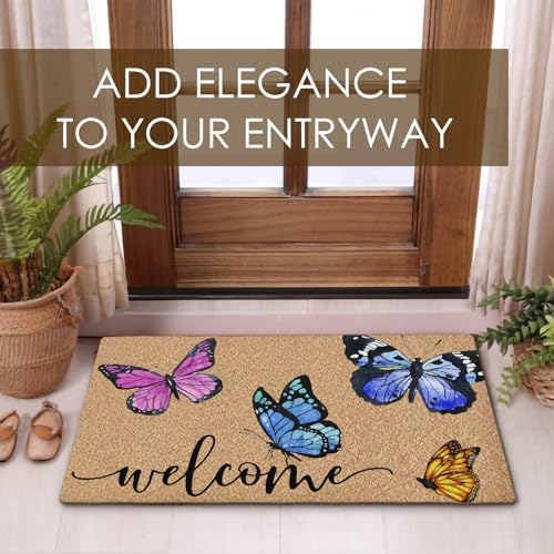 Butterfly Coco Coir Doormat Door Welcome Mat for Home Entrance Front Door, Cute Rustic Colorful Butterfly Welcome Floor Mats for Outdoor Outside Entryway 30x17 Inch - Image 6