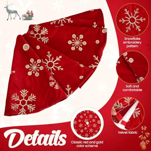 Nuanchu 48 Inch Christmas Tree Skirt, Large Red Velvet Fur Tree Skirt, Luxury Gold Embroidered Snowflake Trees Cover for Merry Christmas Party Vintage Holiday Decorations - Image 3