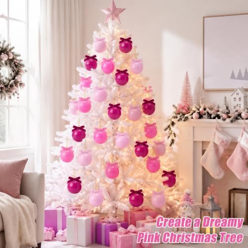 Hollowfly 9 Pcs 4 Inch Pink Glass Christmas Ornaments with Velvet Bow - Image 5