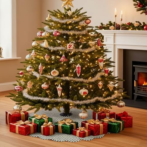 MiniInflat Quilted Christmas Tree Skirt - Vintage Floral Block Print Christmas Tree Skirt with Scalloped Edge Thicken Cotton for Home Decorations Holiday Party Gift(48 Inch,Plaid Floral,Green) - Image 4
