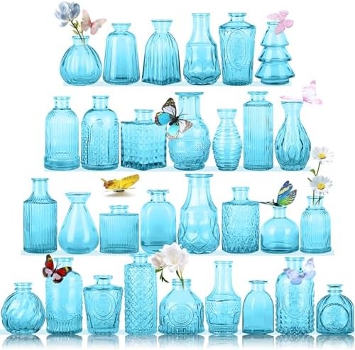 Glass Bud Vase Set, Mini Vases for Flowers, Bulk Vintage Mini Vases for Centerpieces Wedding Decor, Home Flower Décor, Candle Holders, Diffuse Bottles, Hydroponic, (Pack of 30,Sky Blue) by earthgadgets