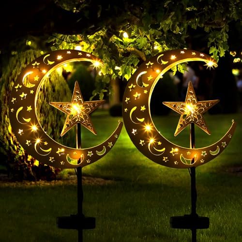 Tujoe 2 Pcs Eid Mubarak Solar Lights Eid Al Adha Outdoor Decorations Mubarak Star Moon Lights Solar Stakes Waterproof for Outdoor Decorations Garden Walkway Lawn Patio Yard(Star) by Tujoe