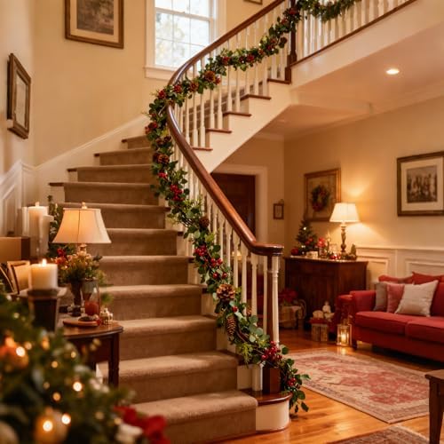 6 Feet Red Berry with Pine Cones Garlands Christmas Garland Realistic Real Touch Garland Artificial Green Leaves Festival Decor for Mantle Fireplace Indoor Outdoor Holiday - Image 5