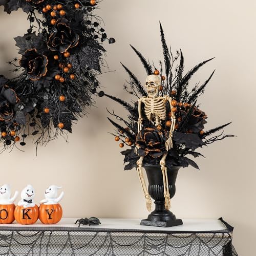 Glitzhome 22" H Halloween Tree, Black Halloween Table Decorations, Spooky Tree with Black Rose, Skeleton and Berry Urn Table Tree for Table, Window, Shelf and Mantle by Glitzhome