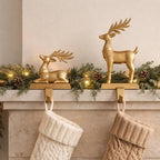 TwoDays 2-Pack Reindeer Christmas Stocking Holders for Mantle - Vintage Gold Resin Deer with Safety Adhesives, Deer Hooks Statues for Xmas Fireplace Decor - Image 2