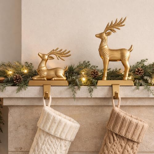 TwoDays 2-Pack Reindeer Christmas Stocking Holders for Mantle - Vintage Gold Resin Deer with Safety Adhesives, Deer Hooks Statues for Xmas Fireplace Decor - Image 2
