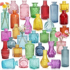 Colored Glass Vases Bulk 32 Pcs - Assorted Vintage Bud Vases for Wedding Centerpieces, Rustic Embossed Glass Bottles for Table Decor, Home Floral Arrangements with Bright Color Series (2-6 Inch) by SHOHAYTO