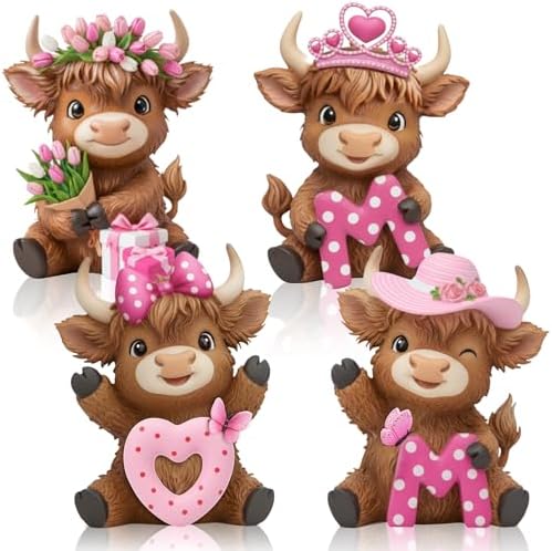 Simgoing 4 Pack Gifts for Mom Highland Cow Figurines Pink Highland Cow Statue Home Decor Love Mom Cattle Statues for Mother's Birthday Home Tabletop Centerpieces Garden Decor Calf Lovers Gifts by Simgoing