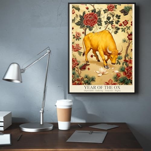 Chinese Lunar Year of the Ox Art Print – Oriental Zodiac Wall Decor with Red Peony Pattern for Home Office and Apartment Aesthetic Family Wall Decor Prints Canvas Wall Art 16X24 in Wrapped Framed - Image 6