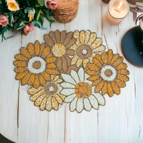 Myrish Handmade Beaded Decorative Placemats, Glass Bead Table Mats for Dining Table, Wedding, Holiday, Festival and Home Decor (Gold Orange Floral) - Image 4